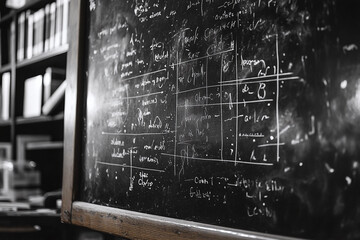 Wide black blackboard inscribed with scientific formulas and calculations in physics, math, chemistry and electrical circuits. Science and education