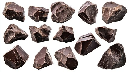 A collection of dark chocolate chunks isolated on a white background, showcasing their rich texture and deep color.
