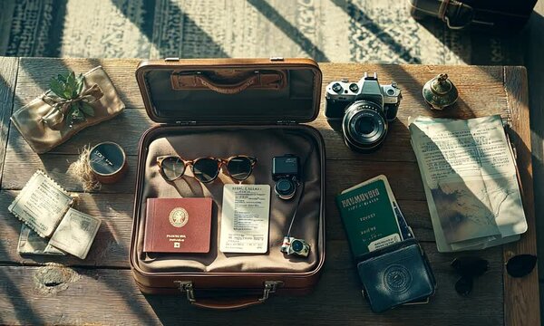 Vintage Travel Accessories Arranged in a Brown Leather Suitcase