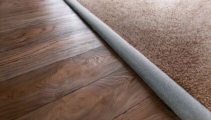 Top view of a flooring transition where soft carpet meets durable vinyl, clearly showing the 