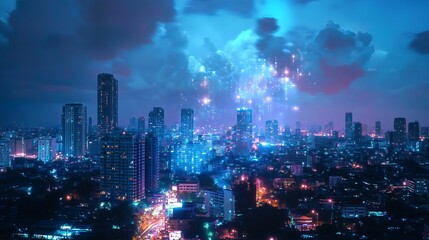 Fototapeta premium A holographic HUD display of a cloud service for file storage and transfer, set against a double exposure of the Bangkok city skyline at night.