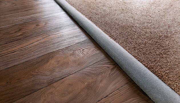 Top view of a flooring transition where soft carpet meets durable vinyl, clearly showing the 