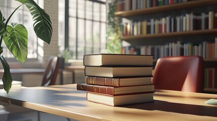 A stack of books on a desk in a public library, surrounded by a quiet, scholarly atmosphere, perfect for reading or studying.