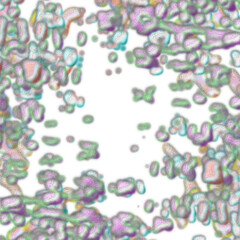 An abstract transparent psychedelic wavy splatter vignette design element overlay.