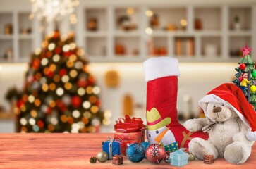 Fototapeta premium christmas decoration on the desk at Christmas room background.