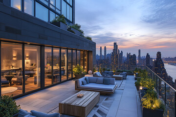 Rooftop terrace with city skyline views, ideal for outdoor relaxation. A rooftop terrace furnished in a modern and elegant style