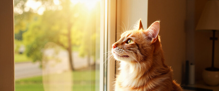 Ginger cat gazing out sunny window with text space