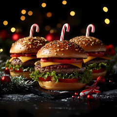 Christmas Celebration with Burgers, Candy Canes, and Gifts &ndash; Festive Black Minimal Background