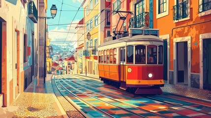 Obraz premium Colorful tram journey through lisbon's retro streets urban environment art style vibrant cityscape travel inspiration