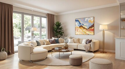 Spacious Living Room with Round Sofa, Large Windows, and Modern Decor