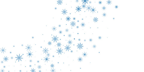 Snowflakes. Snow, snowfall. Falling scattered blue snowflakes on a white background.