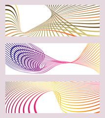 Wavy lines or ribbons. Set of 3 backgrounds. Multicolored striped gradient. Creative unusual background with abstract gradient wave lines to create a trendy banner, poster. vector eps