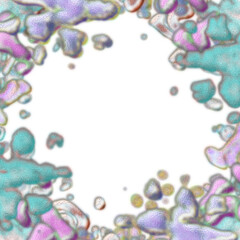 An abstract transparent psychedelic wavy splatter vignette design element overlay.