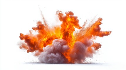 A powerful explosion with vibrant orange flames and thick, billowing smoke clouds, isolated against a clear background.