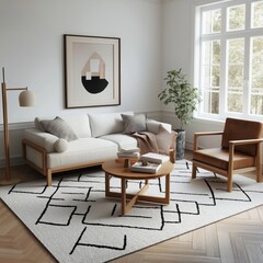Fototapeta premium Stylish minimalistic living room with white sofa, modern art, and natural lighting, perfect for relaxation.