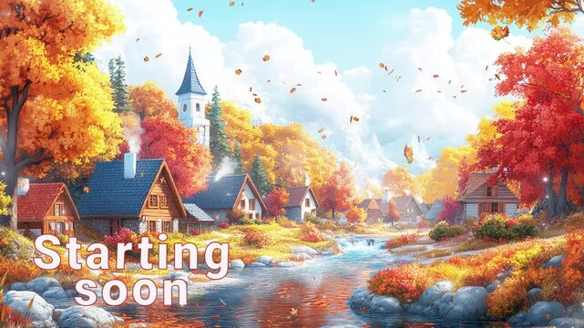Charming autumn landscape with cozy cottages by a serene river starting soon stream overlay seamless loop Vtuber streamer asset twitch zoom OBS screen animated wallpaper virtual background