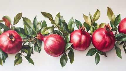 Pomegranates with vibrant, blood-red arils and lush green leaves sit against a pure white background.