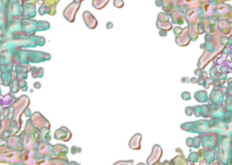 An abstract transparent psychedelic wavy splatter vignette design element overlay.