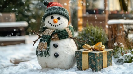 A snowman with a green scarf, carrot nose, and a festive hat, standing beside a gift box in a snowy garden 
