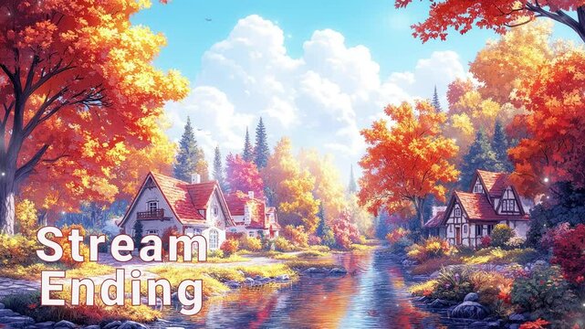 Autumn colors brighten cozy cottages by a calm river. stream ending overlay seamless loop Vtuber streamer asset twitch zoom OBS screen animated wallpaper virtual background