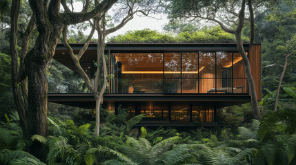 Obraz premium Wide angle shot of a modern house nestled in a natural forest setting