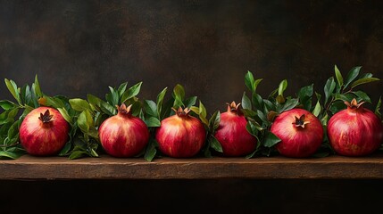 Ripe pomegranates with fresh green leaves arranged on a wooden table.