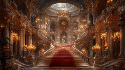 Fototapeta premium Grand ornate staircase, gold, red carpet, opulent palace.