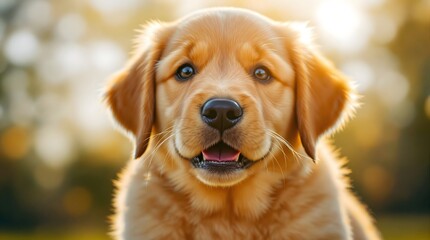 Adorable Golden Retriever Puppy Looking at Camera in Golden Light
