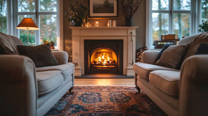 Fototapeta premium Two comfortable sofas face each other, creating a warm atmosphere in a living room with a glowing fireplace and soft lamplight during the evening