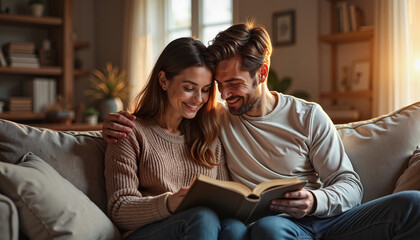 Fototapeta premium Smiling couple reading a book together on a cozy living room couch 