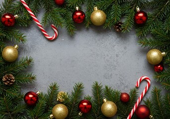 Festive Flat Lay Christmas Border with Fir Branches, Red and Gold Baubles, Candy Canes on Gray Background