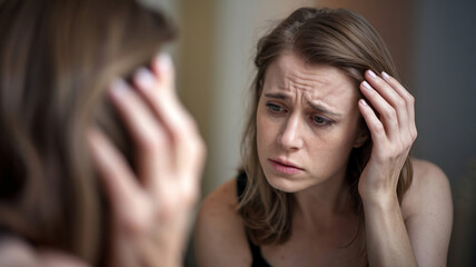 Obraz premium Woman young looks at her reflection in a mirror with a sad expression, gently touching her thinning hair close-up, generative ai