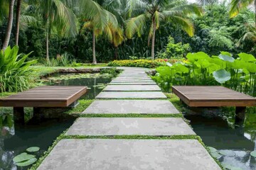 Obraz premium Explore a tranquil Kerala-style garden featuring stone pathways, lotus ponds, and inviting wooden benches amidst vibrant tropical greenery
