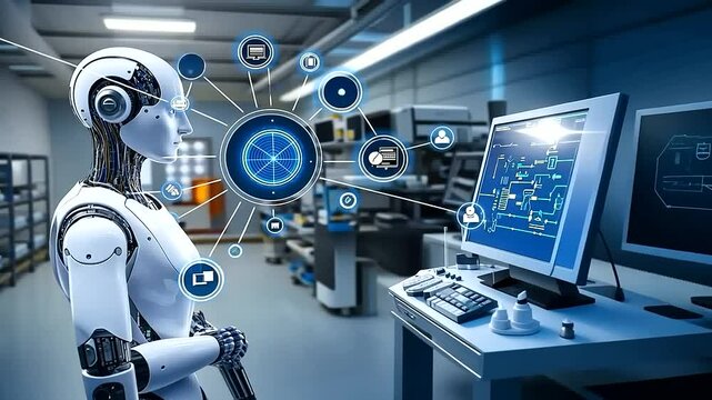 german intelligence and IoT automation in digital transformation A person using a virtual interface to engage with AI (Artificial Intelligence) systems, neural networks, and machin