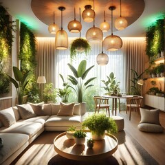 Indoor Jungle Living Room with Potted Plants, Cozy Furniture and Warm Lights