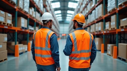 Two workers in safety gear converse in a large warehouse surrounded by rows of storage shelves. Bright lights illuminate the busy space during daylight hours
