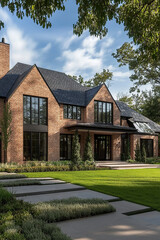 Obraz premium An elegant and perfectly symmetrical modern farmhouse in brick with black roof, featuring large windows that showcase the lush green yard surrounded by trees.
