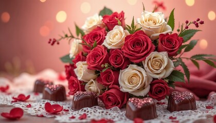 Fototapeta premium Beautiful bouquet of red and white roses with heart-shaped chocolates for Valentine’s Day against a romantic backdrop with copy space