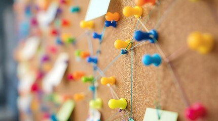 Obraz premium Close-Up of a Cork Board with Colorful Push Pins and Interconnected Strings