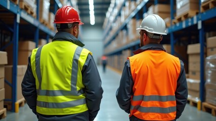 Two construction workers stand inside a large warehouse, discussing the inventory around them. They are wearing reflective vests and safety helmets for protection