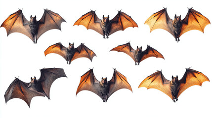 Set of flying bats isolated on white background. Group of flying black bats for Halloween decoration.