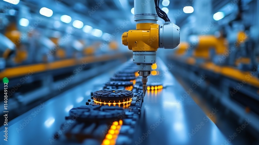 Poster high-tech smart factory with ai surveillance monitoring production process using advanced machinery