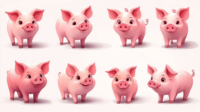 A collection of little cute piglets. Set of little pig isolated on white background. 