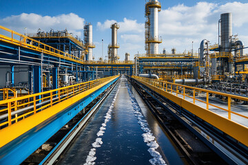 Fototapeta premium Refinery plant equipment for pump pipeline oil and gas valves pressure safety valve selective. Steel long pipes in crude oil factory during. Rack of heat chemical manufacturing 