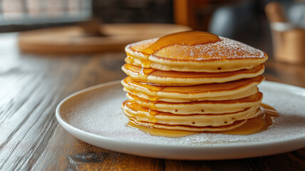 stack of pancake with honey syrup on the white plate on isolated transparent background