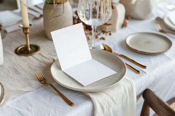 Mockup of white gift card. Greeting card at light beige background. Menu card in restaurant luxury table. Copy space for text or logo or message.	