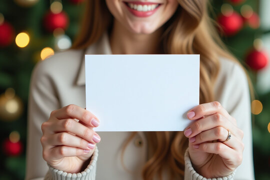 woman holds blank card surrounded holiday decorations perfect personal messages winter