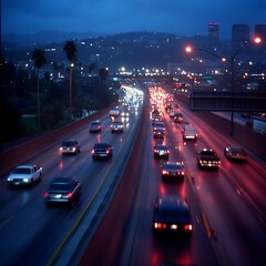 Night traffic jam on a highway with city lights in the background.