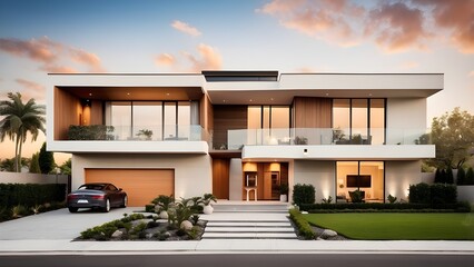With its bold and elegant facade, warm color scheme, and fine attention to detail, this gorgeous stock photo displays a masterfully designed modern home.