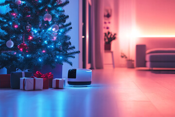 Futuristic Christmas scene with a glowing tree, colorful lights, presents, and a smart home robot in a cozy living room